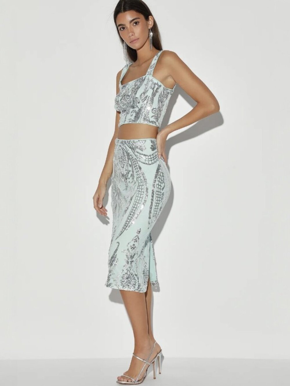 Lulus Beaming Lights Light Blue Sequin Two-Piece Midi Dress NWT - Picture 4 of 9